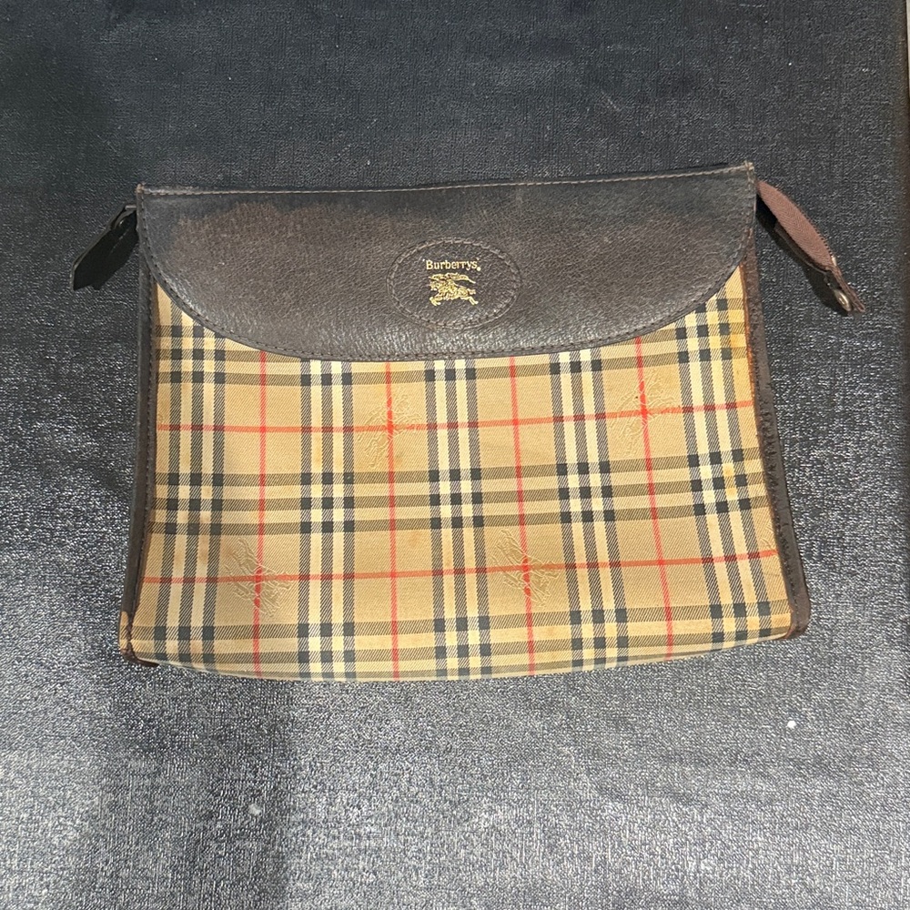 Authentic Burberry Check Canvas Toiletry Pouch with Dark Brown Leather Trim